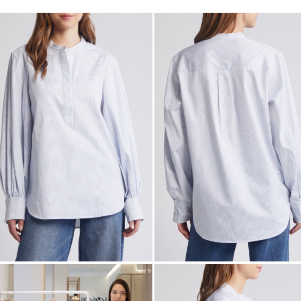 COS Gathered Grandad Collar Pinestripe Button Front Top in Blue/White Size 8